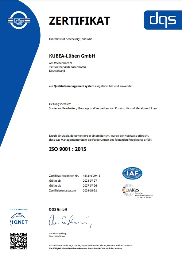 KUBEA-Lüben GmbH - Zertifikat ISO 9001 : 2015