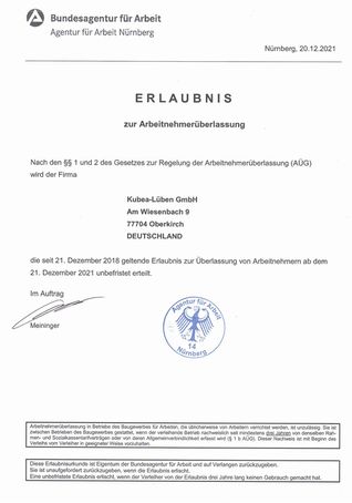 KUBEA-Lüben GmbH - Erlaubnis Arbeitnehmerüberlassung