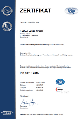 KUBEA-Lüben GmbH - Zertifikat ISO 9001 : 2015