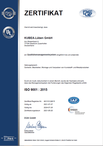 KUBEA-Lüben GmbH - Zertifikat ISO 9001 : 2015