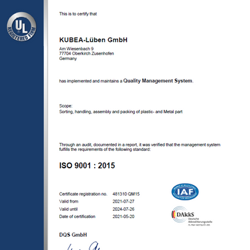KUBEA-Lüben GmbH - Zertifikat ISO 9001 : 2015
