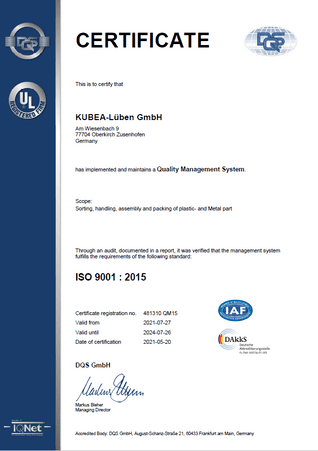 KUBEA-Lüben GmbH - Zertifikat ISO 9001 : 2015